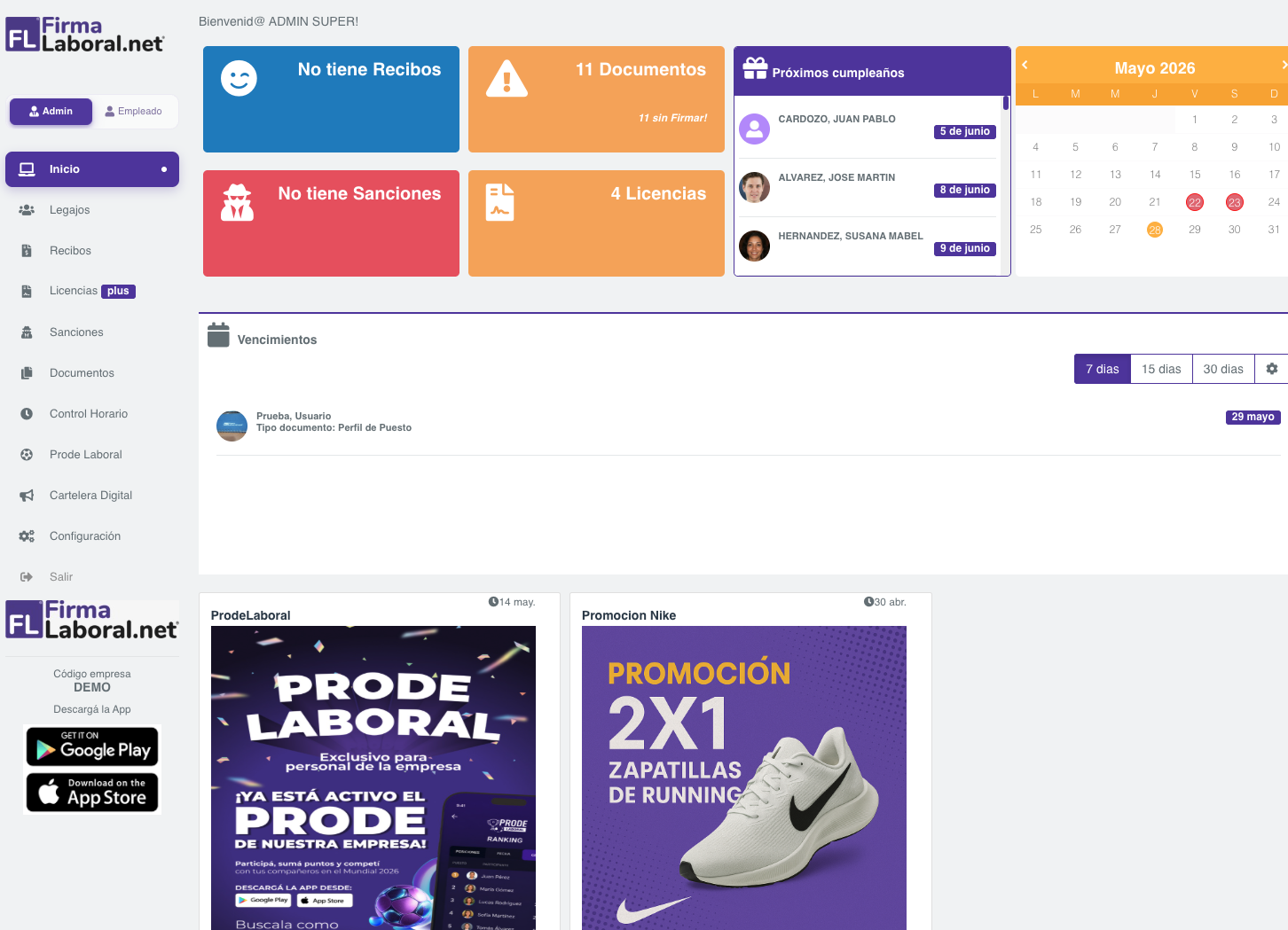 Dashboard de FirmaLaboral.net con stats, próximos cumpleaños, calendario y cartelera digital